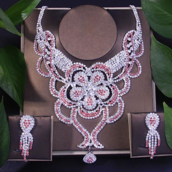 

earrings & necklace luxury wedding flower rhinestone set summer jewelry for women thick big bridal and party, Silver