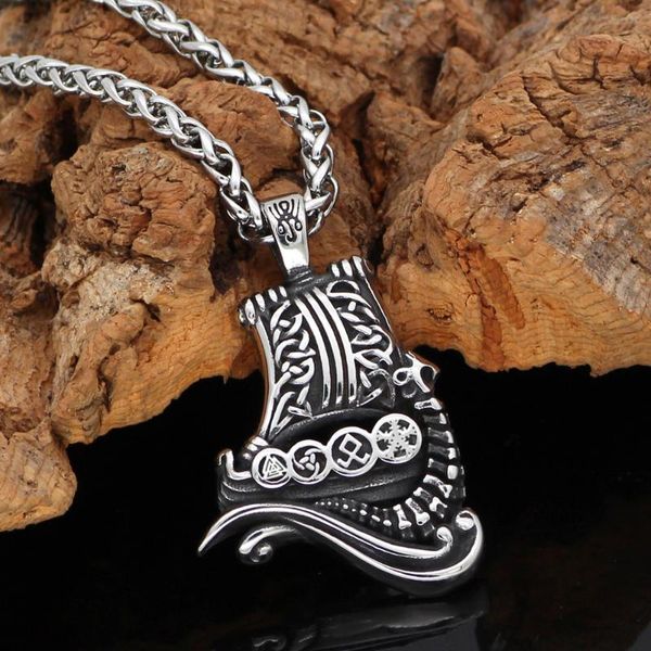 

pendant necklaces nordic viking drakkar valknut helm of awe ship stainless steel amulet talisman necklace, Silver