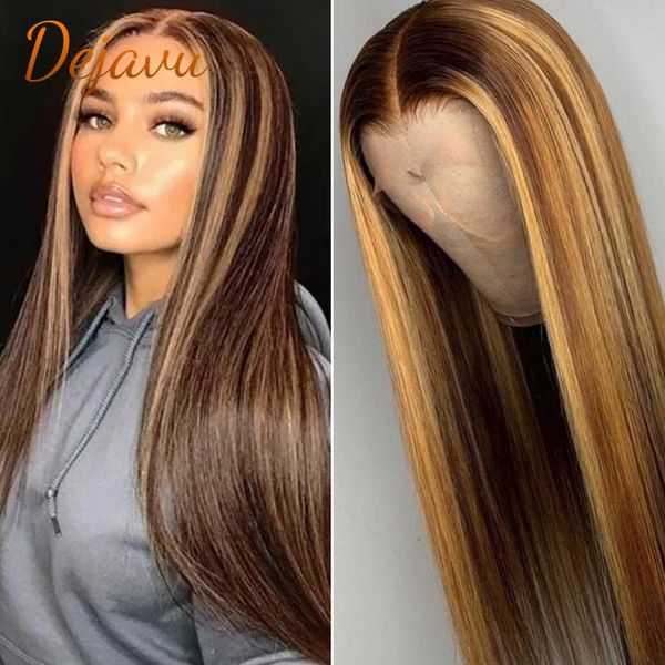 

lace wigs dejavu p4/27 highlight straight front wig human hair frontal blonde ombre brown colored prepluck remy, Black;brown