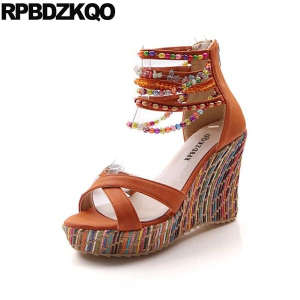 

dress shoes sandals leisure fashion bohemia style platform women plus size embellished wedge high heels pumps ethnic orange 11 female, Black