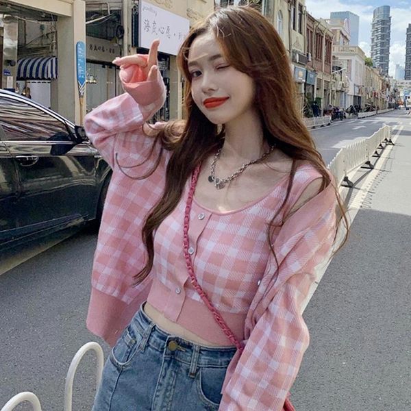 

women's knits & tees autumn fashion two piece set women v neck long sleeve single breasted cardigan knitted camis chic panelled plaid s, White