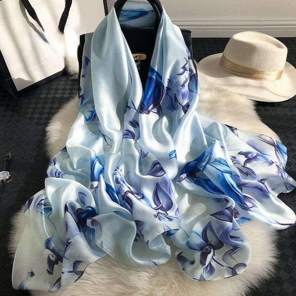 

scarves 2021 autumn print dustproof bandanna korean style flower silk satin sunscreen beach towel winter 180x90cm shawls, Blue;gray