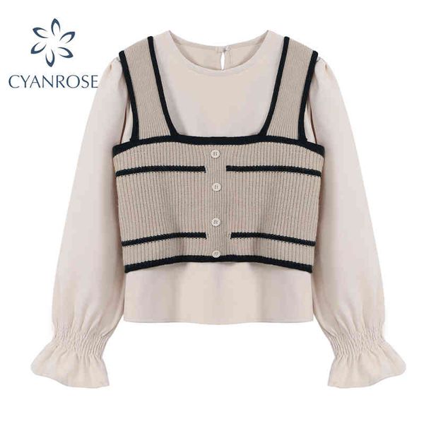 

vest t shirt outfits women spring lantern long sleeve o-neck korean crop and tees for female trendy elegant pullover 210417, White