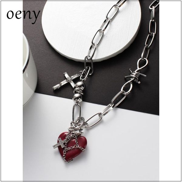 

chains oeny ins dark style normcore handmade dripping oil red heart necklace hip hop niche,thorns cross, Silver
