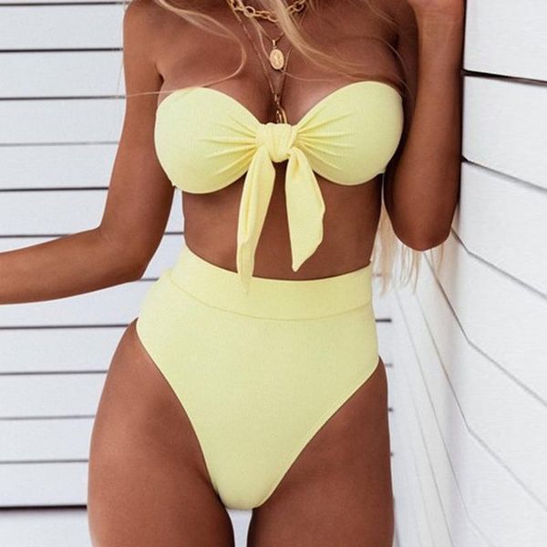 

summer solid color women swimsuit push-up bra knotted tube bikini set two piece swimwear high waist bathing suit women's, White;black