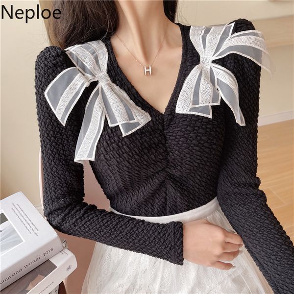 

neploe spring shirts new slim fit v-neck puff sleeve blouse women chic bow beading pleated blouses blusas woman 4h093 210422, White