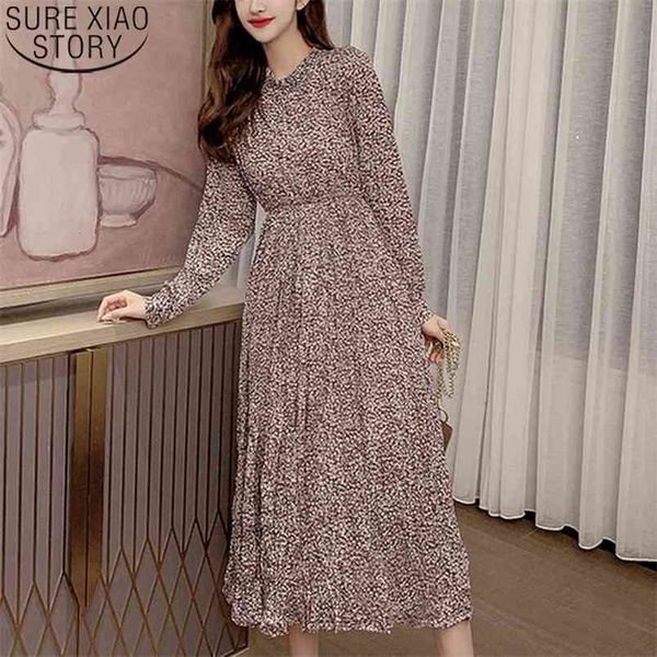 

floral print chiffon dress autumn women vintage midi long sleeve stand collar high elastic waist vestidos 10530 210506, Black;gray
