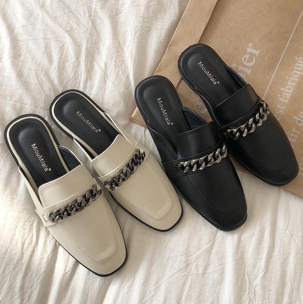 

luxury design slip on outside women metal mules slippers brand chain lady sandal shoes flat round toe slides plus size, Black