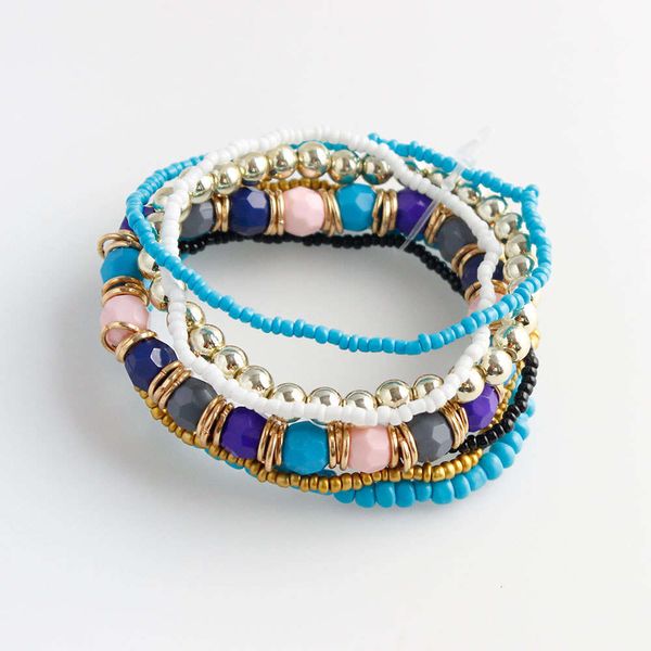 

hand catenary b095 bohemian national style beaded multi layer rice bead mixed color elastic bracelet, Golden;silver