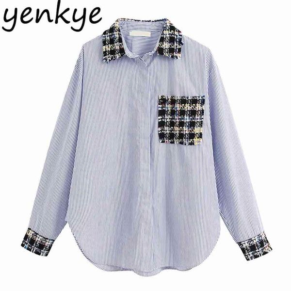 

vintage tweed patchwork striped blouse shirt women long sleeve lapel streetwear ladies shirts plus size chemise femme bbwm2141 210514, White