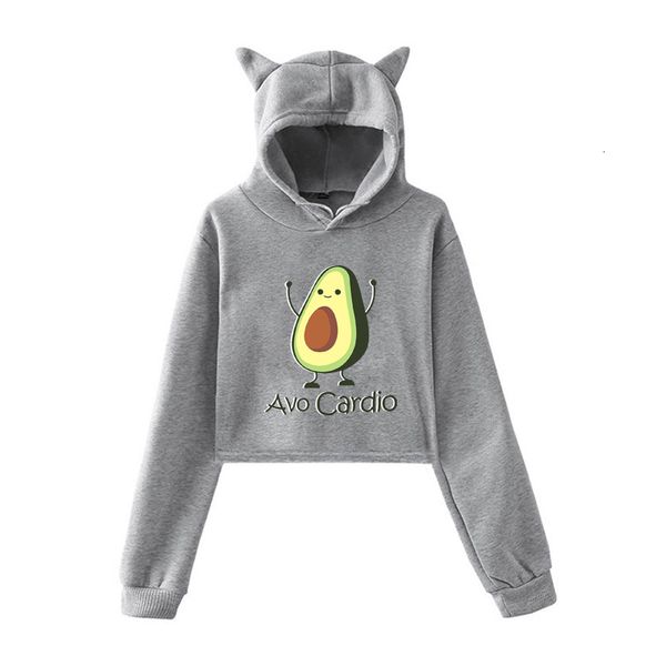 

women hoodie cute avocado printed hoodies fashion cat ear ladies pullover sweater teenager girls casual cropped, Black