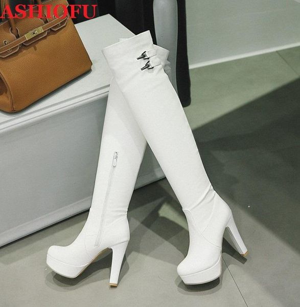 

boots ashiofu handmade women's chunky heels wedding shinny party knee-high evening winter fashion long, Black