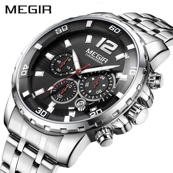 

wristwatches megir luxury business wrist watch men brand stainless steel chronograph quartz mens watches clock hour time relogio masculino, Slivery;brown