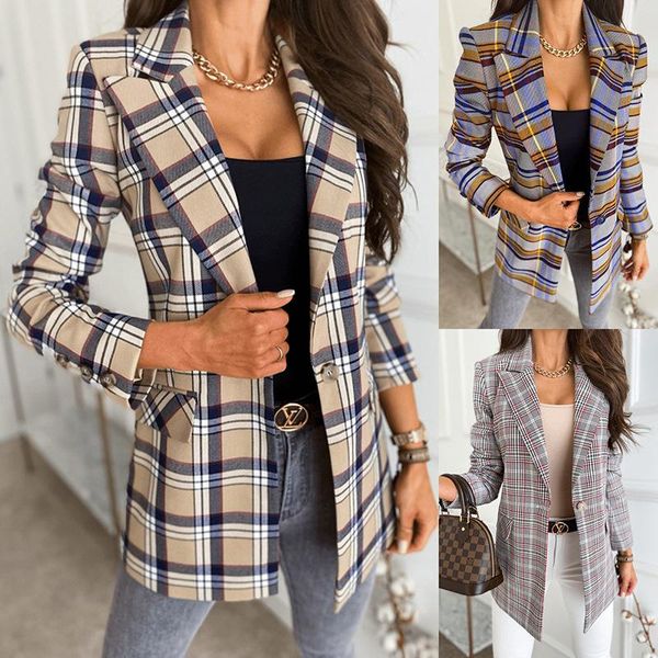 

women's suits & blazers imcute retro business plaid printed blazer lapel deep v button cardigan formal office women pocket slim long sl, White;black