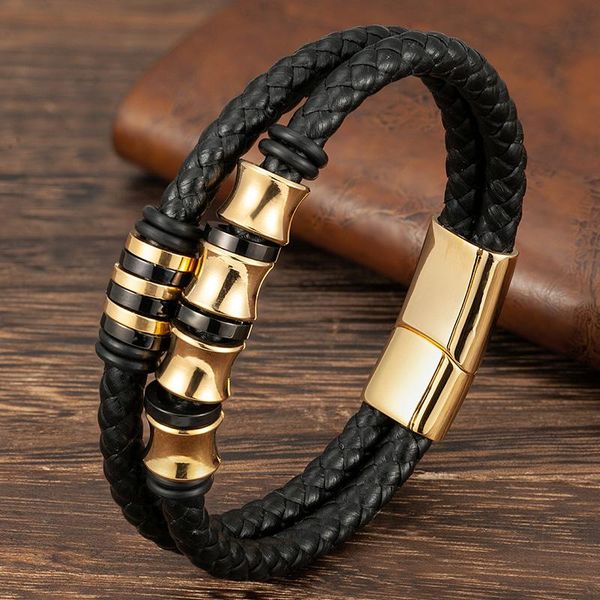 

charm bracelets gold men leather bracelet stainless steel fashion wristband magnetic clasp punk jewelry handmade accessories gifts for boyfr, Golden;silver