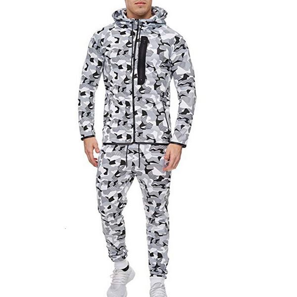 

men's tracksuits 2 pieces sport tracksuit men camouflage print ropa hombre set zipper pocket hoodies jackets + pencil jogging homme cas, Gray