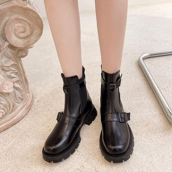 

boots black ankle platform women shoes chunky heel metal buckle thick sole short brand designer 2021