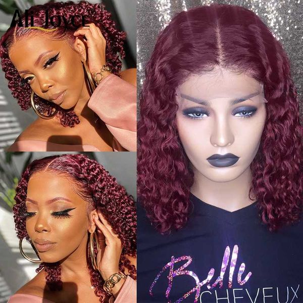 

curly bob wig 4x4 closure lace remy hair wigs 13x1 t part 99j color brazilian human baby for black women, Black;brown