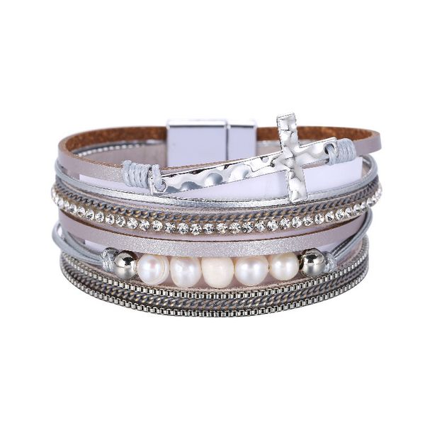 

bohemian pu leather bracelet multi layer wide hand string pearl bracelet, Black