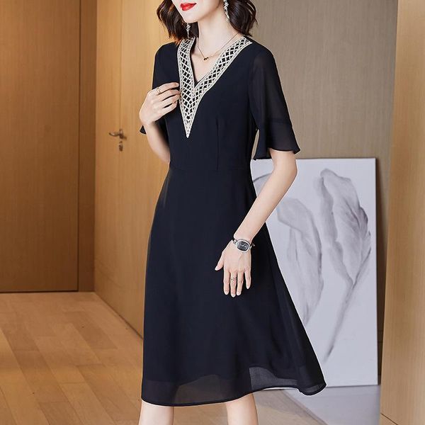 

party dresses summer ladies elegant v-neck crochet chiffon dress flared sleeve loose plus size solid color women chi on commuter a-line, White;black