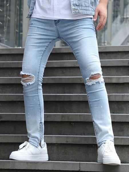 

men ripped splatter print zip hem skinny jeans k9kf#, Blue
