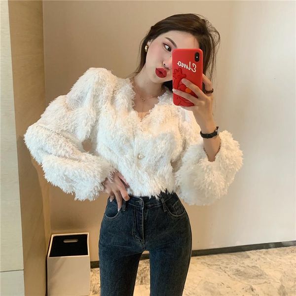 

women's knits & tees fashion temperament korea chic autumn v neck white cardigan coat loose pink puff long sleeve fringed sweater suete