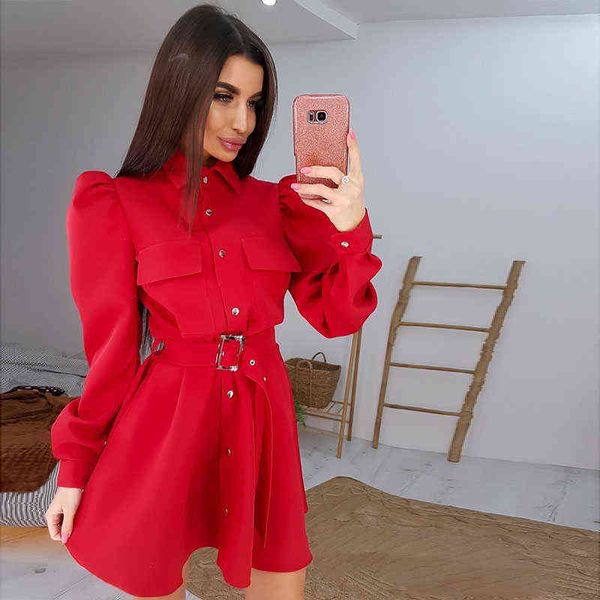

moarcho puff sleeve belt party dress female turn down collar a line mini dresses for women 2021 high waist single breasted g1223, Black;gray
