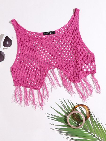 

open knit asymmetrical fringe hem cover up q8qr#, White;black