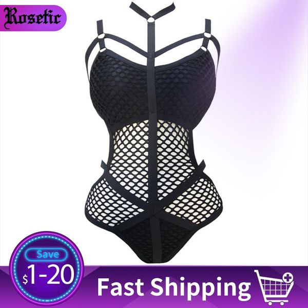 

women's jumpsuits & rompers rosetic women black sheer knit net mesh swimwear one piece swimsuit female bather bathing suit swim halter, Black;white