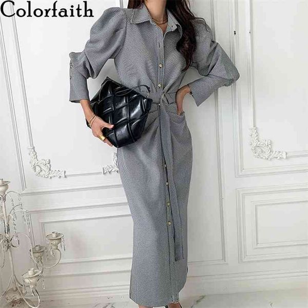 

spring autumn women dresses high waist puff sleeve checkered fold vintage korean lace up long dress dr7804 210427, Black;gray