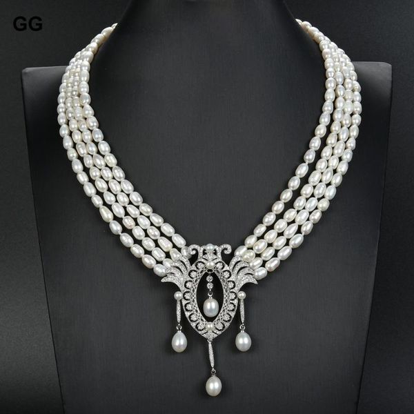 

pendant necklaces jk 4 strands 18" natural white rice pearl necklace cz, Silver