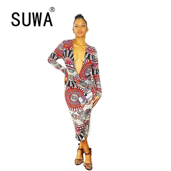 

contrast red print bodycon dresses for women evening party and wedding gowns deep v neck long sleeve midi lady 210525, Black;gray
