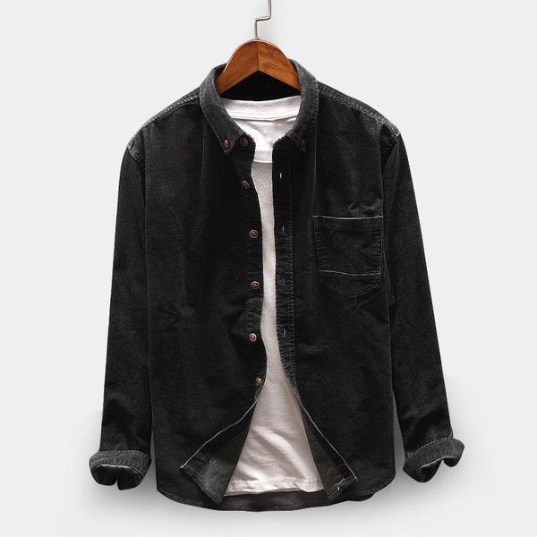 

men's corduroy jacket single-breasted long sleeve cardigan lapel outwear shirt1, Black;brown
