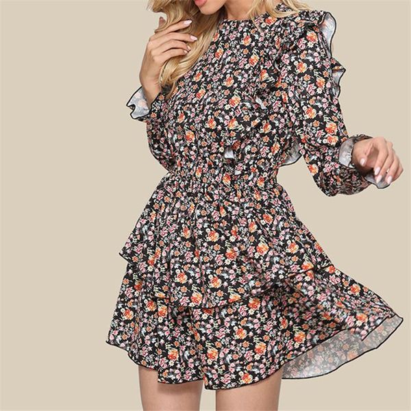

casual dresses women floral printed dress elegant fashion lantern sleeve ruffles office party ladies black mini vestidos, Black;gray