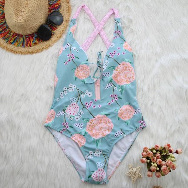 

one-piece suits 2021 women's bandage one piece bikini floral print zipper push up swimsuit swimwear bathing monokini