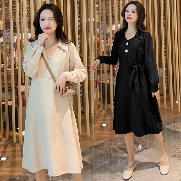 

maternity dresses 3527# autumn korean fashion party dress with ties waist slim elegant clothes for pregnant women long sleeve pregnancy, White