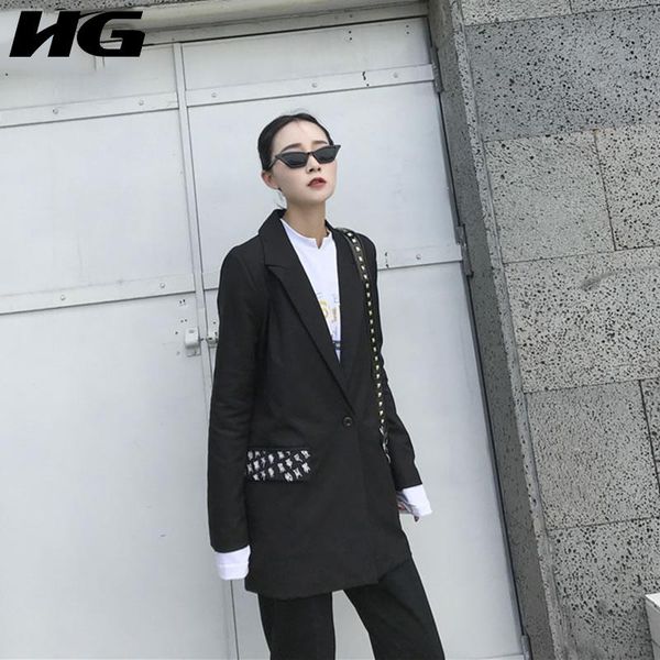 

women's suits & blazers [hg] 2021 korea fashion women autumn single breasted notched collar full sleeve print embroidery casual gwy2590, White;black