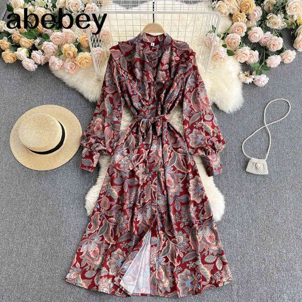 

court wind retro print dress women puff sleeve stand collar single breasted spring boho a-line casual midi 210512, Black;gray