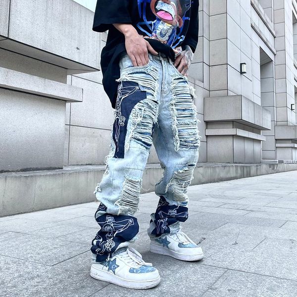 

men's jeans high street hole fringe embroidery pants mens color block tassel ripped retri denim trousers oversize baggy jean, Blue
