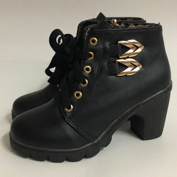 

women lace up boots ankle leather side zipper boots high heels round toe booties ladies winter block heels booties d30 v4la#, Black