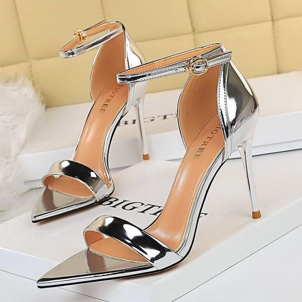 

sandals 2021 women 9.5cm fetish high heels prom lady gladiator strap stripper silver gold party pumps shoes big size, Black