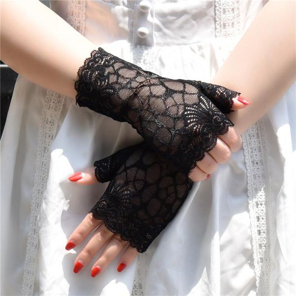 

sports gloves fashion fingerless women lace glove ladies half finger fishnet heated mesh mitten solid color for party, Black