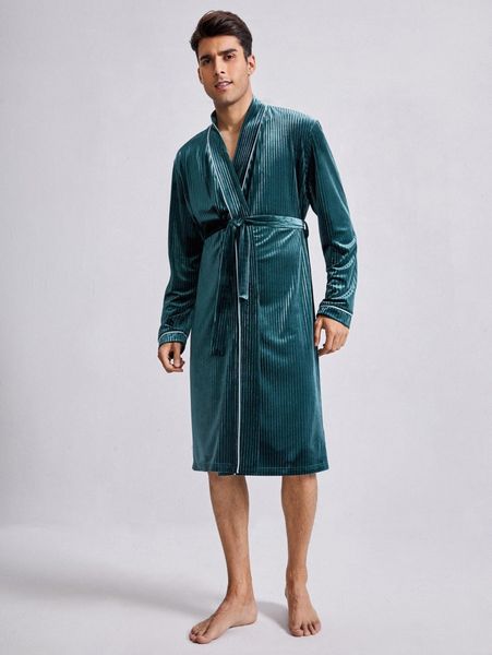 

men contrast binding velvet night robe b9qa#, Black;brown