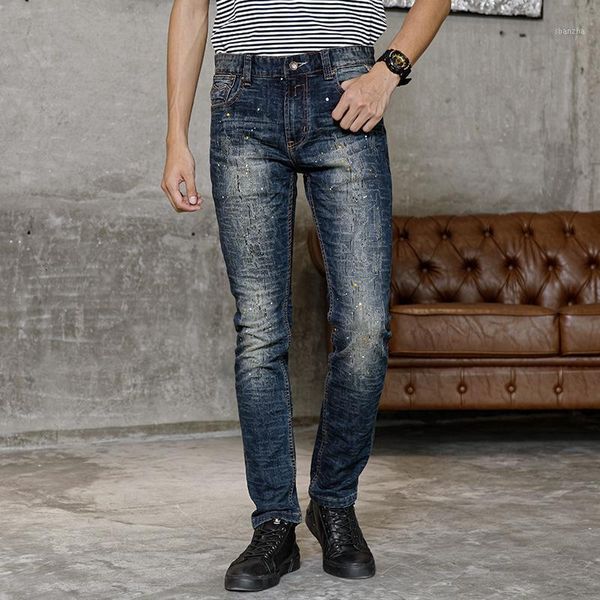 

men's jeans american streetwear fashion elastic destroyed slim fit ripped retro painted designer pants hip hop1 7702, Blue