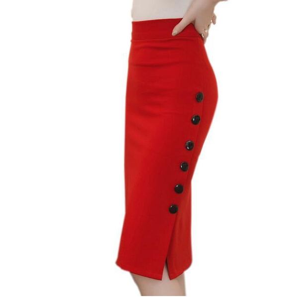 

skirts women elasticity office work pencil skirt ol open slit button slim high waist ladies plus size clothes 5xl, Black