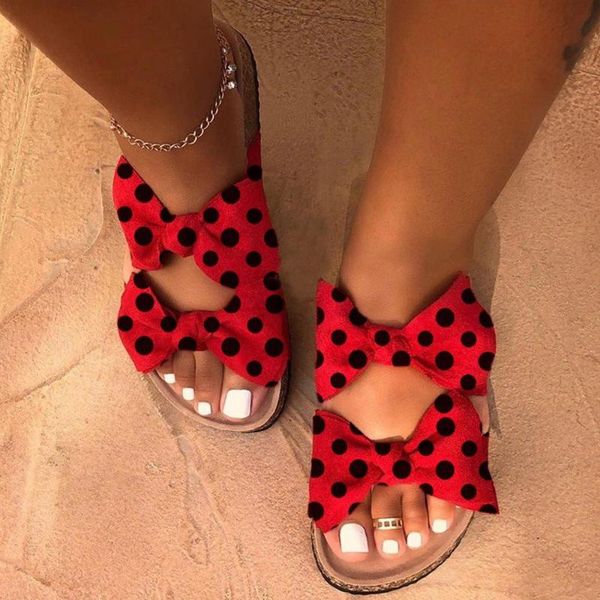 

summer ladies bow sandals 2021 flat bottom printed slippers drop, Black