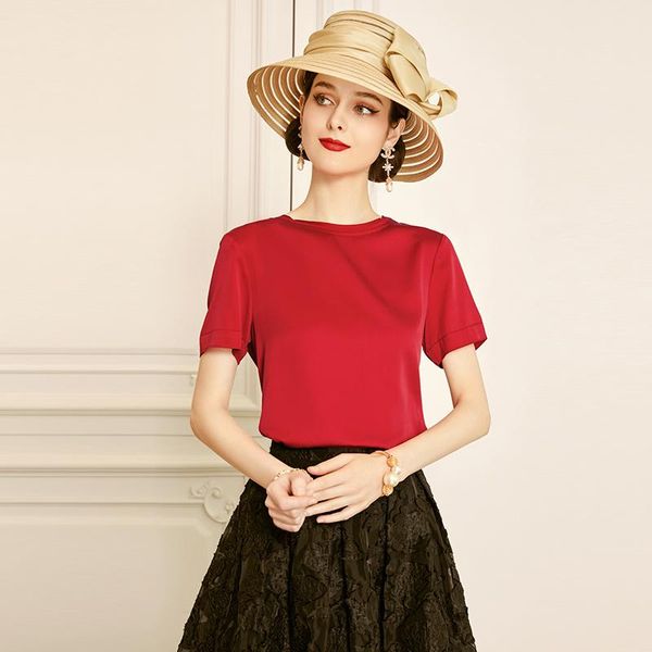 

women's t-shirt shzq red silk 2021 round neck short sleeve foreign fashion mulberry shirt, White