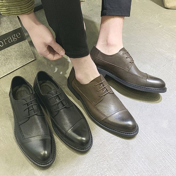 

amazon wish lazada brogue mens british casual leather shoes foreign trade plus size leather shoes mens delivery, Black