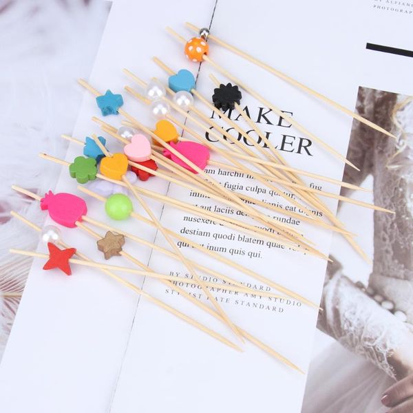 

forks 100pcs colorful bamboo tag fruit sign toothpick cocktail decoration plate dessert fork(mixed color)