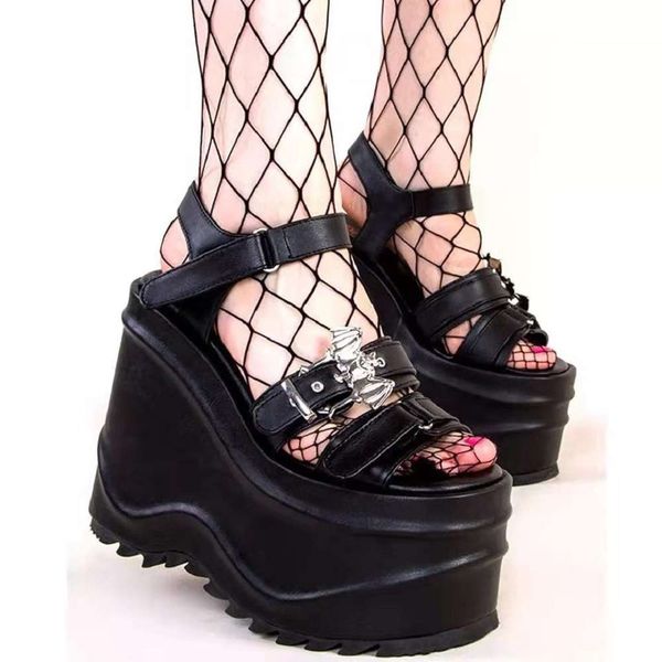 

summer large wedge heel thick sole ultra-high belt buckle sandals for women, Black